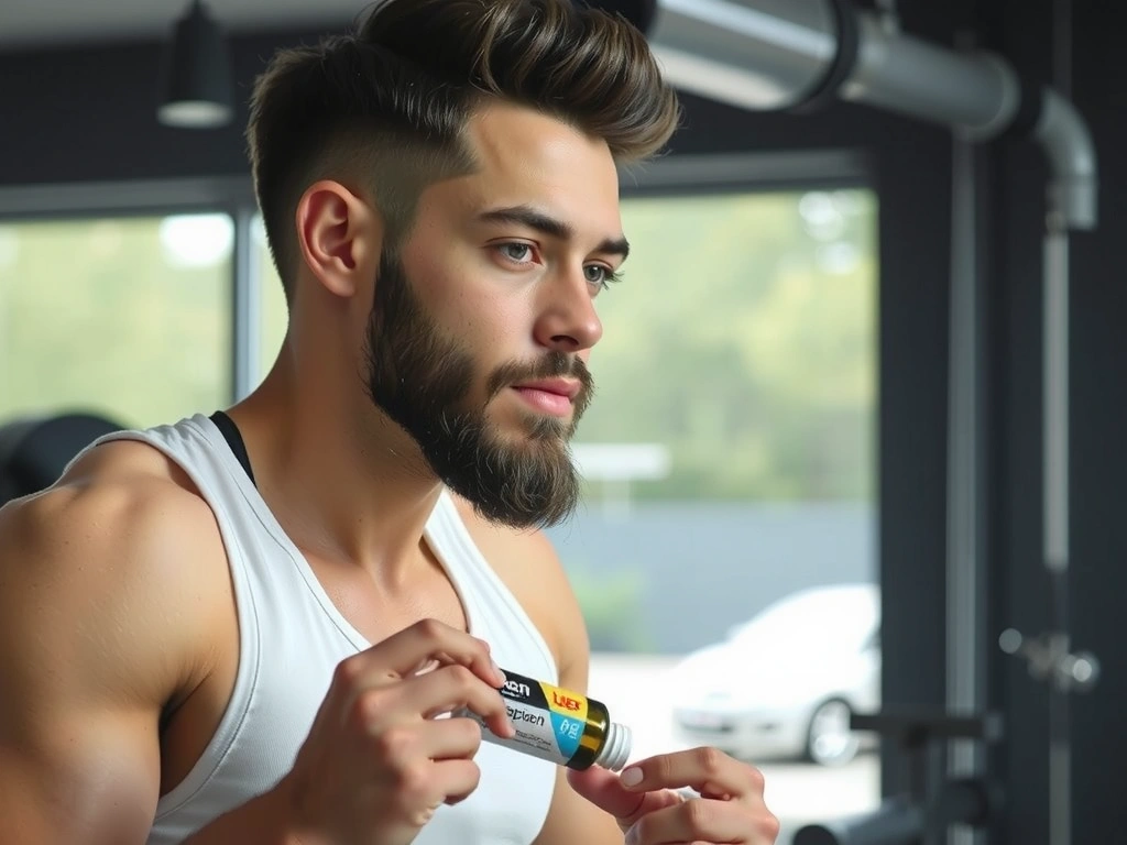 Active man using energy supplements during workout